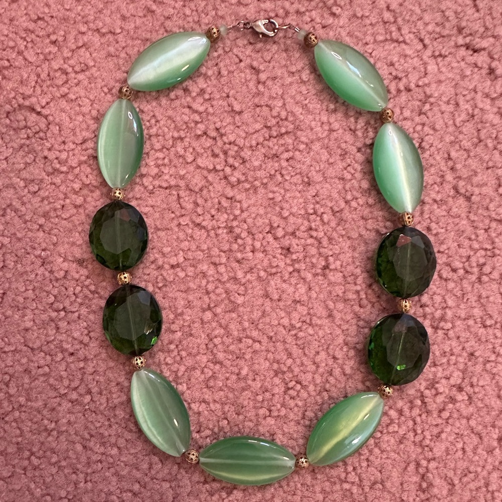 Green Cats Eye, Glass And Brass Beads Lobster Claw Clasp